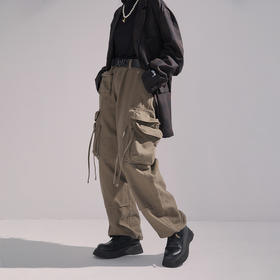 POH 古着感水洗重工直筒休闲裤男束脚长裤做旧朋克宽松多口袋军裤