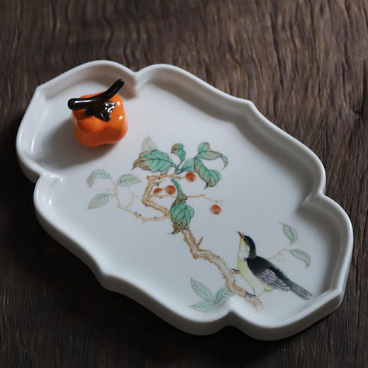 「景德镇汝窑手绘壶承」粗陶柿子喜鹊云朵壶承 白瓷花鸟海棠茶盘 中式陶瓷开片可养干泡茶盘 商品图4