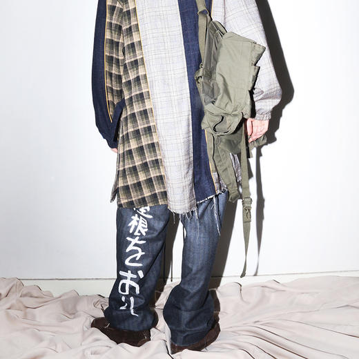 POH 日文歌詞手寫塗鴉破壞羊毛混紡格纹西裝褲潮流原宿风直筒裤潮 商品图2