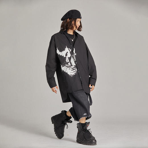 POH 19AW吸血鬼印花洗水碳黑宽松廓形长袖翻领衬衫男夏季潮牌国潮 商品图1