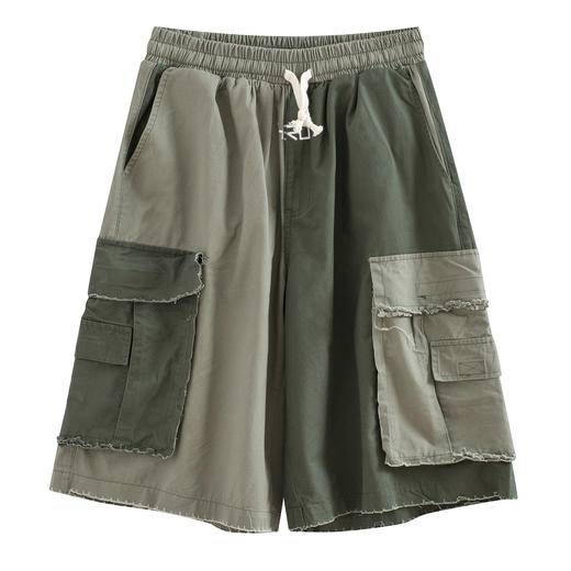 POH 军绿铁灰卡其拼色无边破坏廓形短裤男夏季潮牌多色入五分裤潮 商品图4