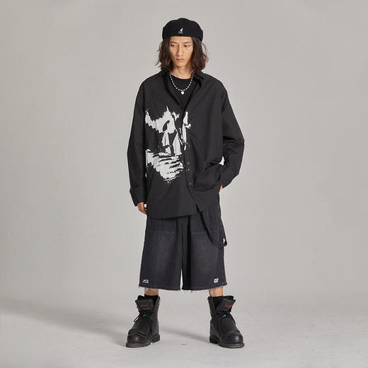 POH 19AW吸血鬼印花洗水碳黑宽松廓形长袖翻领衬衫男夏季潮牌国潮 商品图0