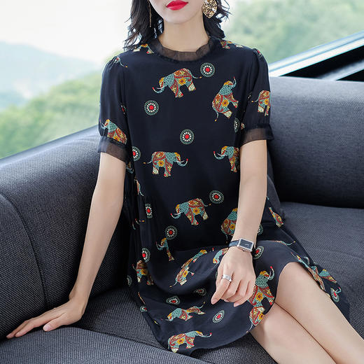 丁摩连衣裙夏新品欧美印花宽松显瘦真丝连衣裙短袖100%桑蚕丝裙72501 商品图5