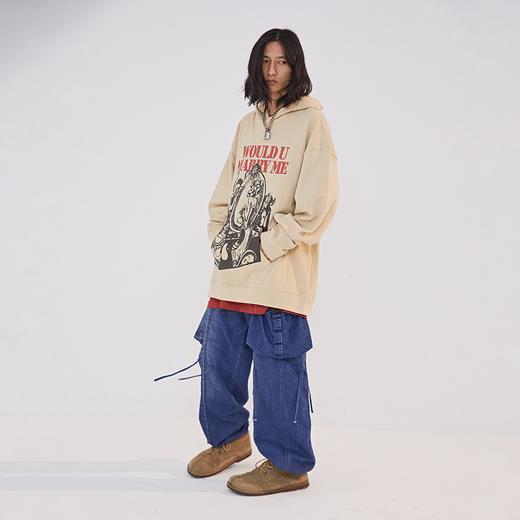 POH 洗水做旧直筒休闲长裤收口飘带立体口袋油漆工阔腿牛仔裤子男 商品图2