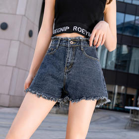 「毛边牛仔短裤」时尚简约深蓝色牛仔短裤 2021年新款 洒脱格调 宽松显瘦 韩版高腰
