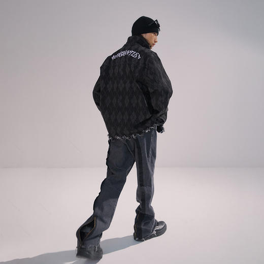 POH 朋克流苏直筒休闲裤男口袋拼接拉链洗水长裤子灰色牛仔喇叭裤 商品图3