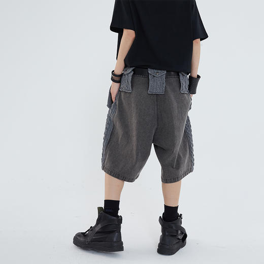POH 异材质毛衣料拼接做旧水洗牛仔短裤男夏季宽松潮流七分裤潮牌 商品图2
