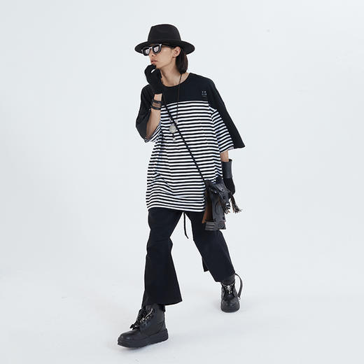 POH「嬉皮士条纹」印花街头休闲宽松落肩BIG TEE短袖男夏潮牌国潮 商品图1