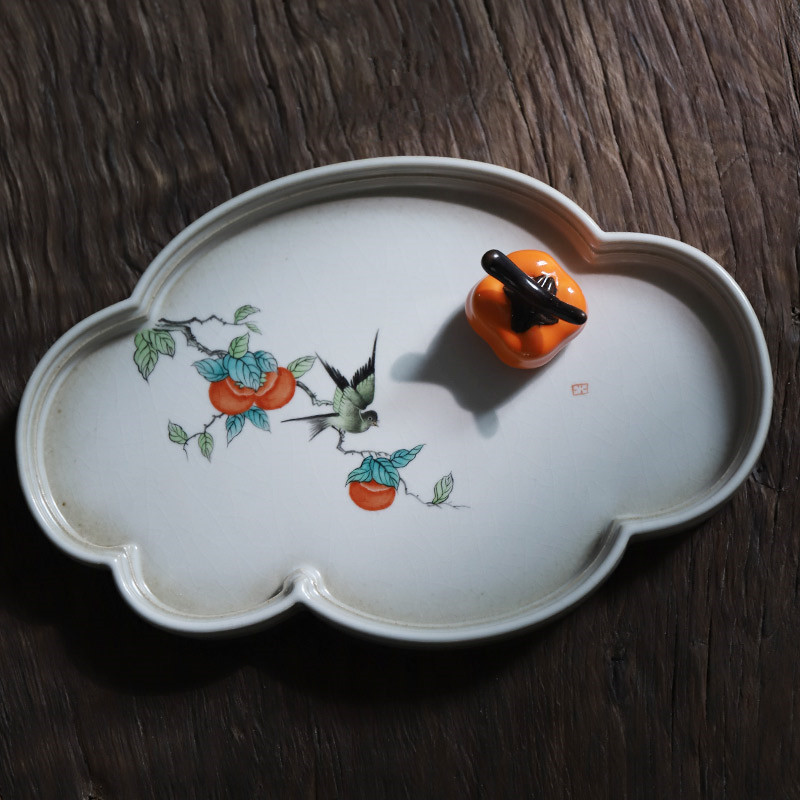 「景德镇汝窑手绘壶承」粗陶柿子喜鹊云朵壶承 白瓷花鸟海棠茶盘 中式陶瓷开片可养干泡茶盘