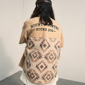 POH「民族嬉皮士」 口袋针织异材质拼接衬衣复古宽松短袖衬衫男潮