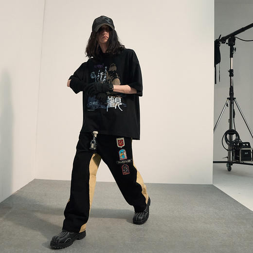 POH「埃及探险者」 散弹枪印花直筒牛仔裤男宽松撞色拼接休闲长裤 商品图2