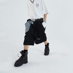 POH 口袋弧形拼色廓形拼接牛仔短裤男夏季潮牌百搭潮流街头五分裤