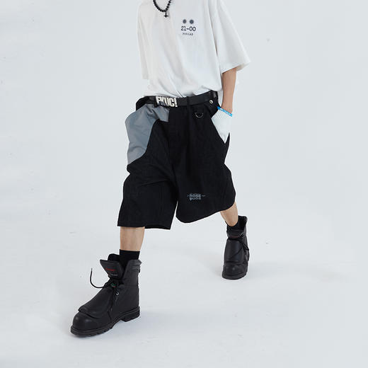 POH 口袋弧形拼色廓形拼接牛仔短裤男夏季潮牌百搭潮流街头五分裤 商品图0