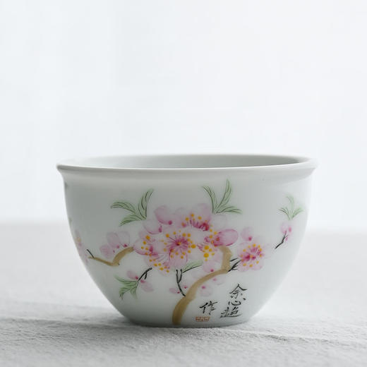 「景德镇手工主人杯」手绘粉彩水点桃花花鸟缸杯 白瓷大号陶瓷主人杯 商品图6