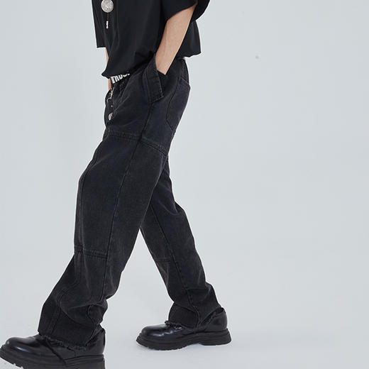 POH 水洗做旧拼接喇叭结构牛仔裤男潮流百搭直筒裤国潮街头休闲裤 商品图0