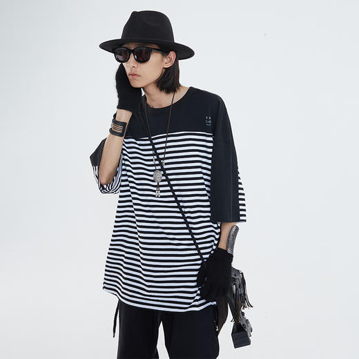 POH「嬉皮士条纹」印花街头休闲宽松落肩BIG TEE短袖男夏潮牌国潮 商品图3