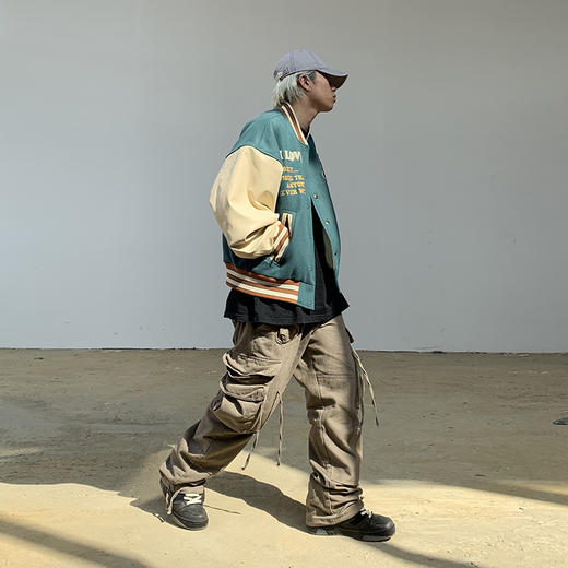 POH「芝士汉堡」 美式宽松棒球服男毛巾绣pu皮袖拼接夹克外套潮牌 商品图2