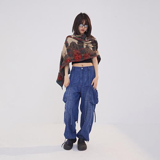 POH 洗水做旧直筒休闲长裤收口飘带立体口袋油漆工阔腿牛仔裤子男 商品图3