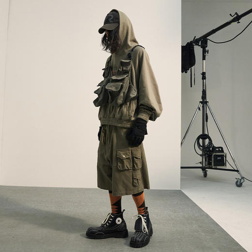 POH 「古着三口袋」廓形做旧水洗五分裤潮牌宽松军裤夏季短裤男潮 商品图1