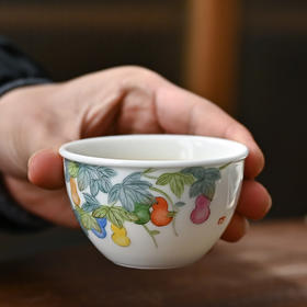 「景德镇手拉坯主人杯」粉彩手绘福禄缸式杯 大号玉泥白瓷主人杯