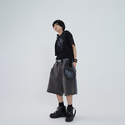 POH 异材质毛衣料拼接做旧水洗牛仔短裤男夏季宽松潮流七分裤潮牌 商品图1