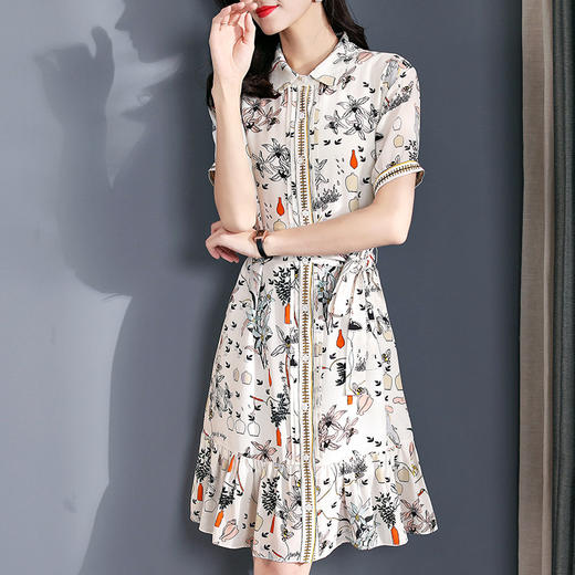 丁摩夏季新款女装小清新印花真丝连衣裙短袖系带年轻款衬衣裙子73194 商品图2
