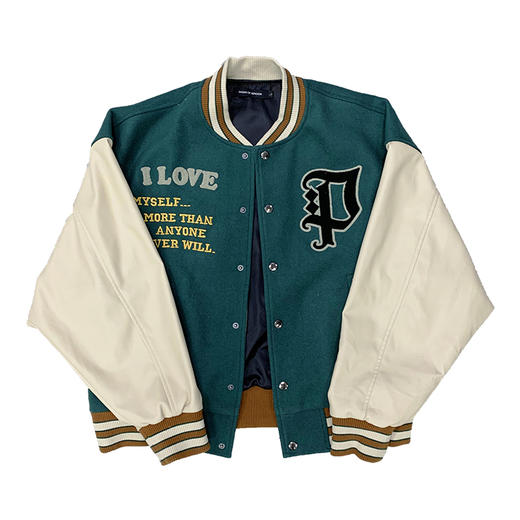 POH「芝士汉堡」 美式宽松棒球服男毛巾绣pu皮袖拼接夹克外套潮牌 商品图4