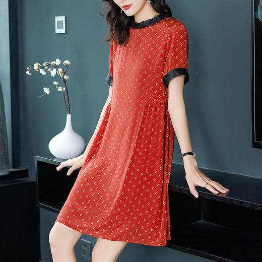 丁摩2021夏季新品女装加比勒船锚印花黑色真丝欧根纱显瘦连衣裙19319 商品图1