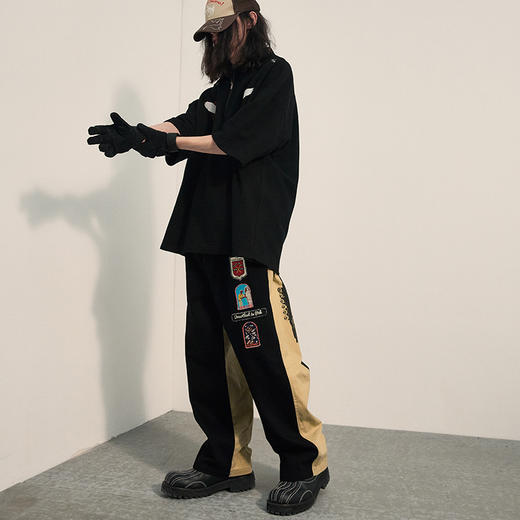 POH「埃及探险者」 散弹枪印花直筒牛仔裤男宽松撞色拼接休闲长裤 商品图1