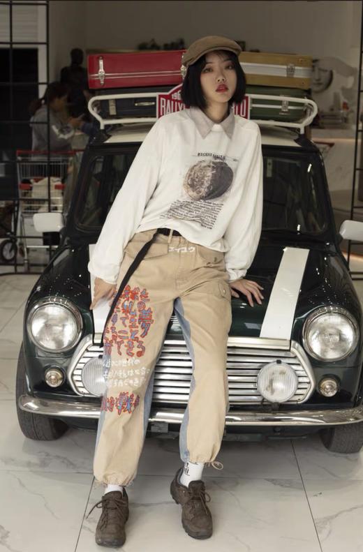 POH 手绘日文涂鸦水洗拼接牛仔斜纹布廓形潮牌军裤国潮休闲长裤男 商品图2