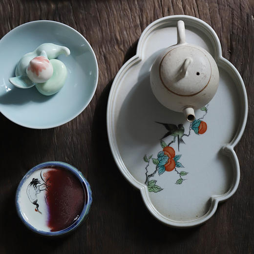 「景德镇汝窑手绘壶承」粗陶柿子喜鹊云朵壶承 白瓷花鸟海棠茶盘 中式陶瓷开片可养干泡茶盘 商品图5