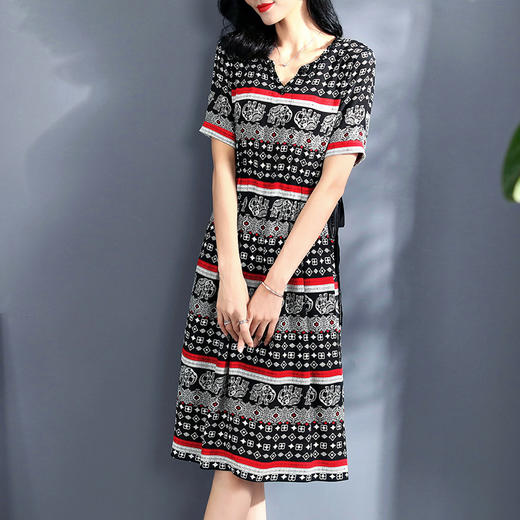 丁摩夏季新款女装V领欧美订珠小象印花真丝连衣裙中长款短袖系带73337 商品图2