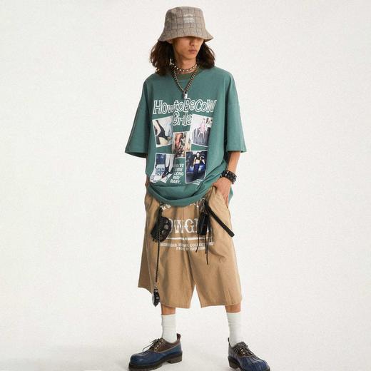 POH  Cowgirl主题大印花宽松五分直筒中裤子朋克黑色卡其色短裤男 商品图2