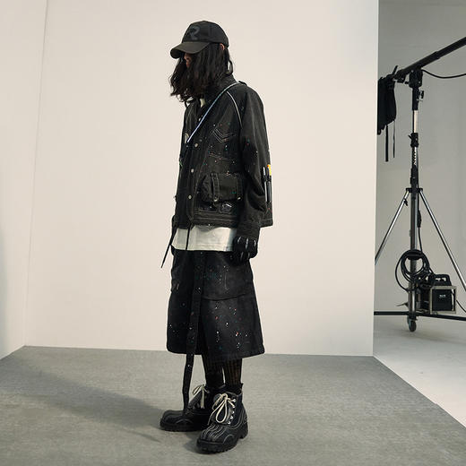 POH「画工泼墨」 假两件层次感五分中裤宽松街头休闲牛仔短裤子男 商品图1