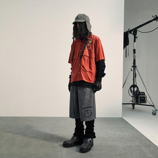 POH可拆卸假两件双裤头pvc口袋格纹中裤可调节廓形西装五分短裤男 商品图1