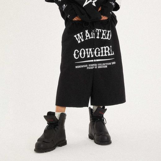 POH  Cowgirl主题大印花宽松五分直筒中裤子朋克黑色卡其色短裤男 商品图0
