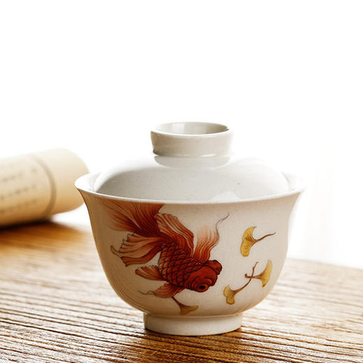 「景德镇功夫茶盖碗茶杯」高端手绘粉彩金鱼 无托草木灰单个防烫泡茶碗 商品图0