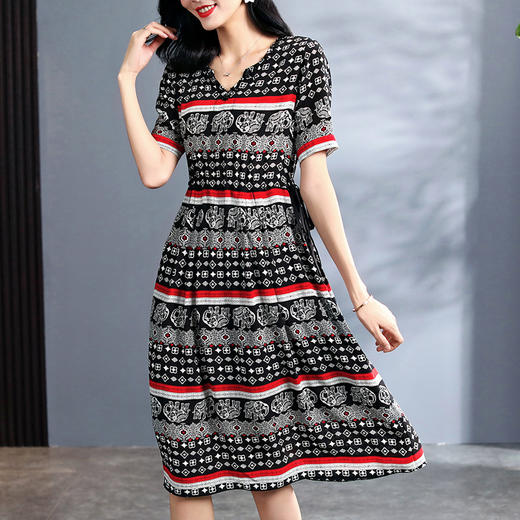丁摩夏季新款女装V领欧美订珠小象印花真丝连衣裙中长款短袖系带73337 商品图1