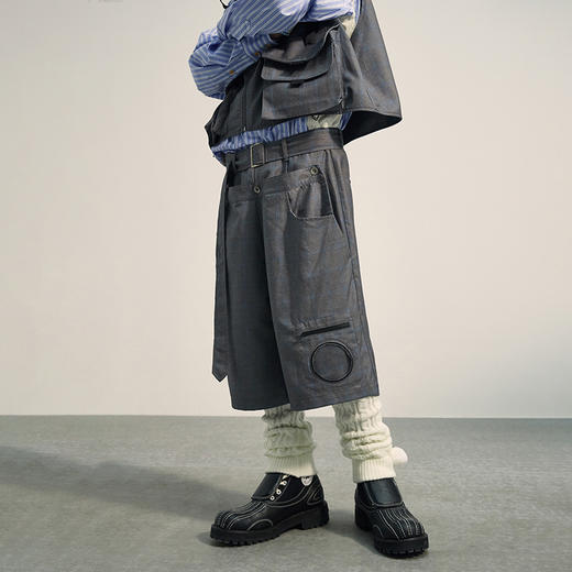 POH可拆卸假两件双裤头pvc口袋格纹中裤可调节廓形西装五分短裤男 商品图0