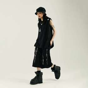 POH 复古美式街头嘻哈五分中裤子宽松百搭印花迷彩网眼牛仔短裤男