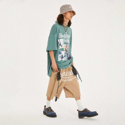 POH  Cowgirl主题大印花宽松五分直筒中裤子朋克黑色卡其色短裤男 商品图3