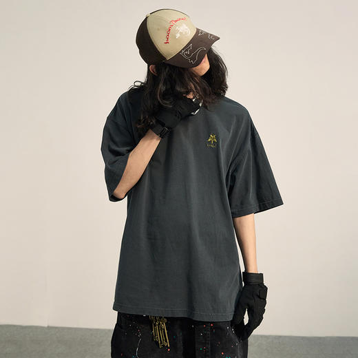 POH「希腊神话」染色做旧古着刺绣短袖T恤男质感落肩宽松打底上衣 商品图0