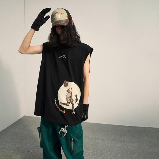 POH「法国古早杂志」 人像印花无袖汗衫国潮流宽松双色坎肩背心男 商品图2