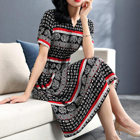 丁摩夏季新款女装V领欧美订珠小象印花真丝连衣裙中长款短袖系带73337