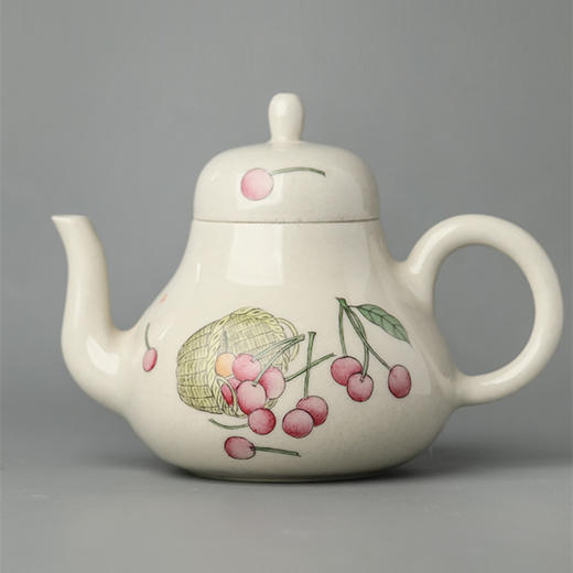 「景德镇手拉坯茶壶」功夫茶茶具壶 草木灰釉手绘樱桃球孔小号陶瓷单壶 商品图4