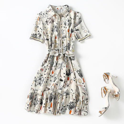 丁摩夏季新款女装小清新印花真丝连衣裙短袖系带年轻款衬衣裙子73194 商品图4