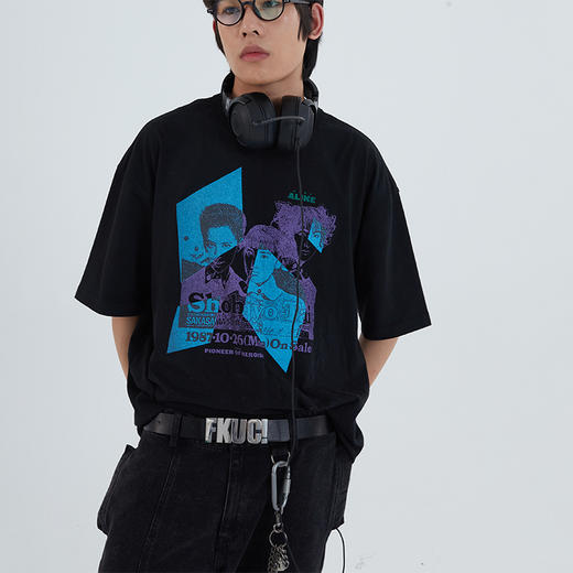 POH「梦幻团队」拼色印花街头休闲宽松夏季潮流落肩短袖T恤男潮牌 商品图3