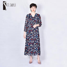 圣三利女装秋季中长款花色V领连衣裙SL1937304