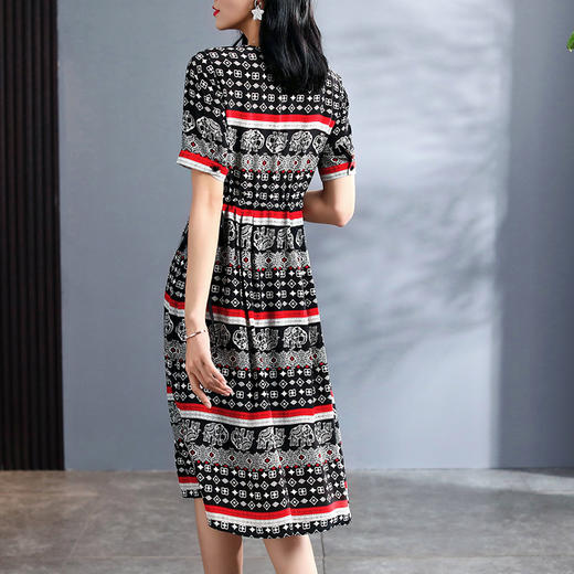 丁摩夏季新款女装V领欧美订珠小象印花真丝连衣裙中长款短袖系带73337 商品图3