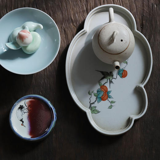 「景德镇汝窑手绘壶承」粗陶柿子喜鹊云朵壶承 白瓷花鸟海棠茶盘 中式陶瓷开片可养干泡茶盘 商品图1